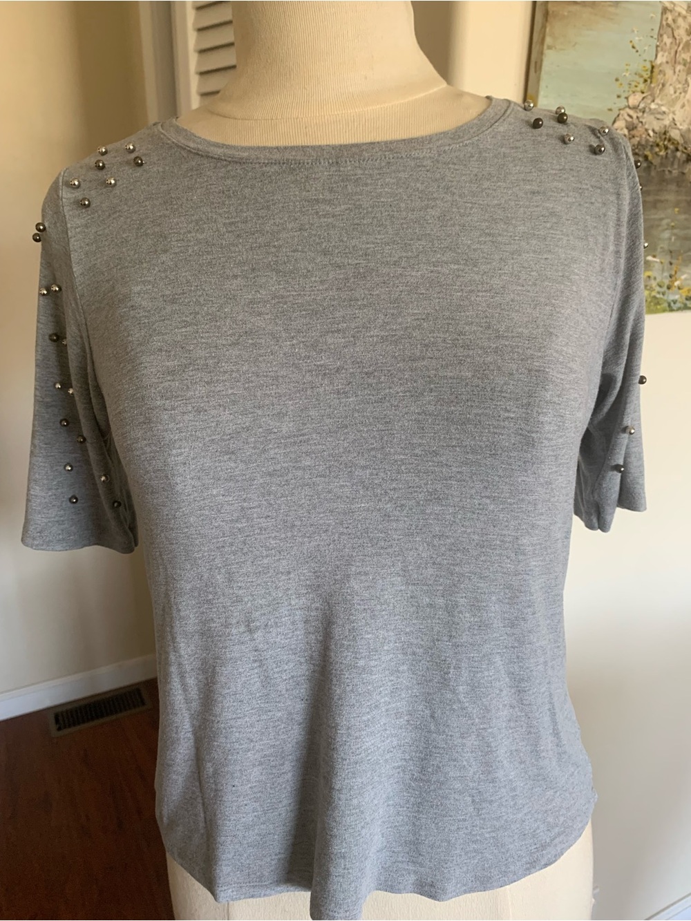 Women's Grey Short Sleeve Studded Knit Tee